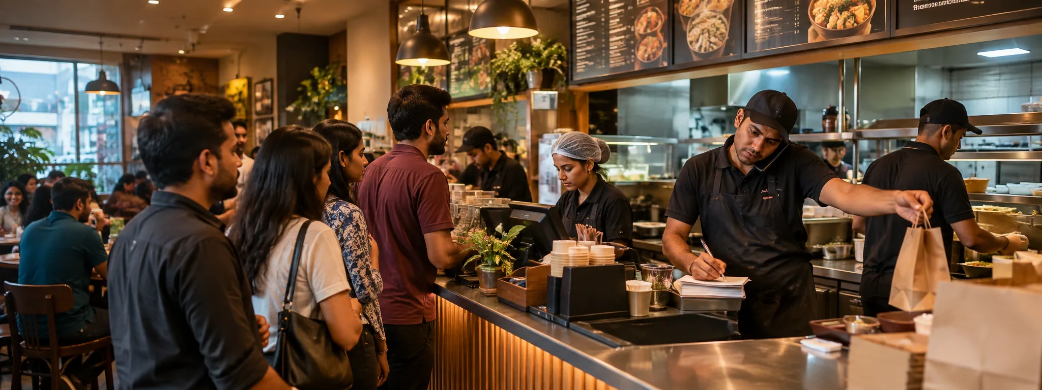 A crowded shop counter at peak hour, one person taking an order by hand while customers queue