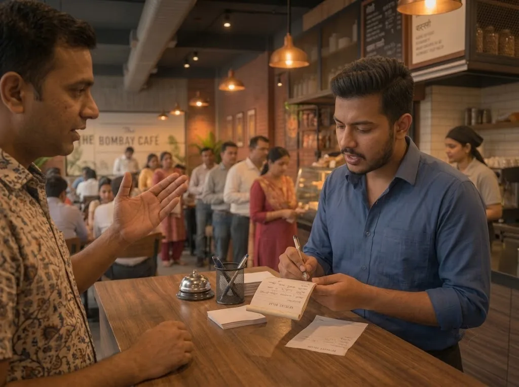 Counter staff writing an order on a paper pad while a customer repeats it across the counter