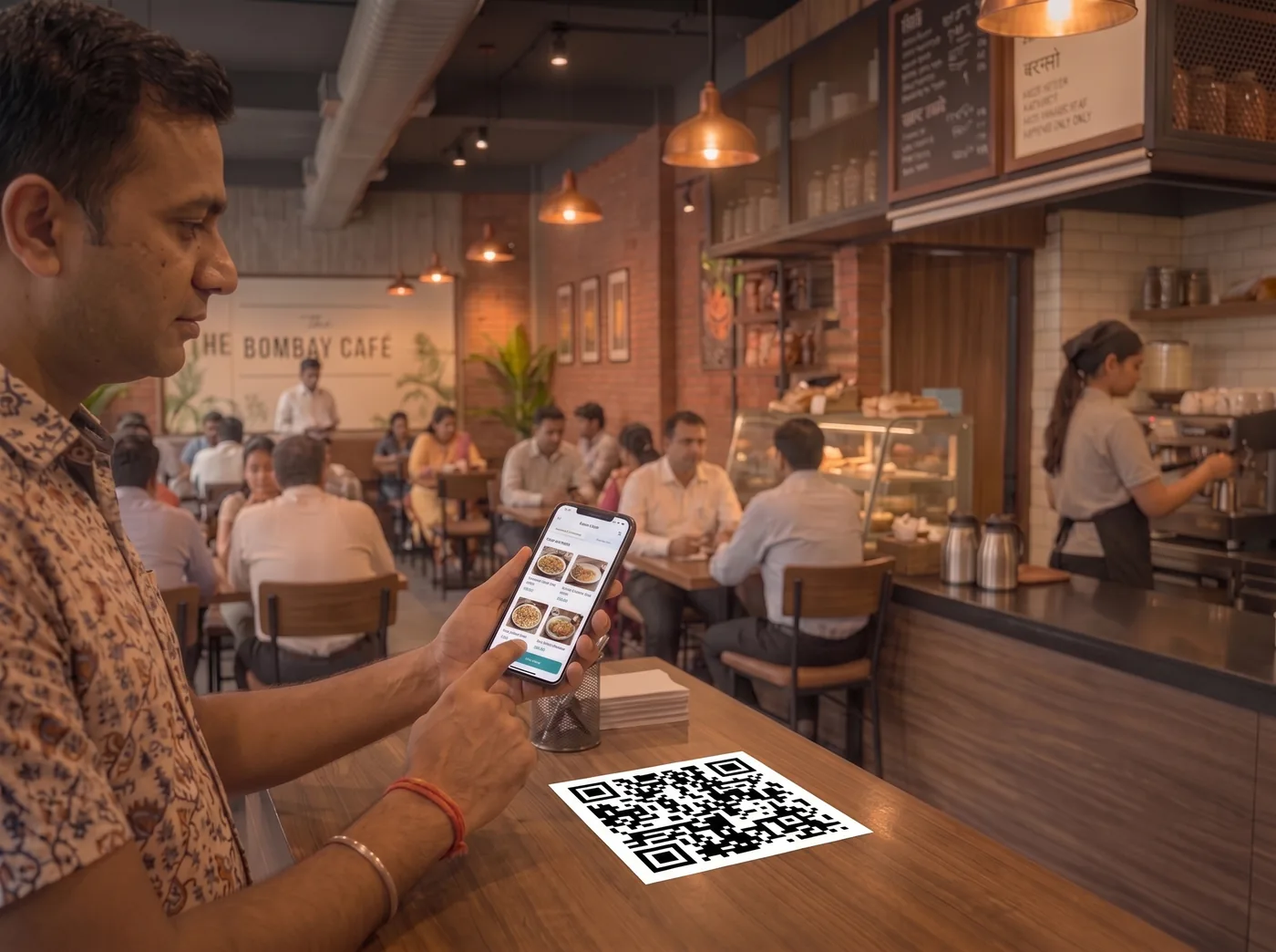 The same customer ordering from the menu on their own phone, the table's QR code in front of them