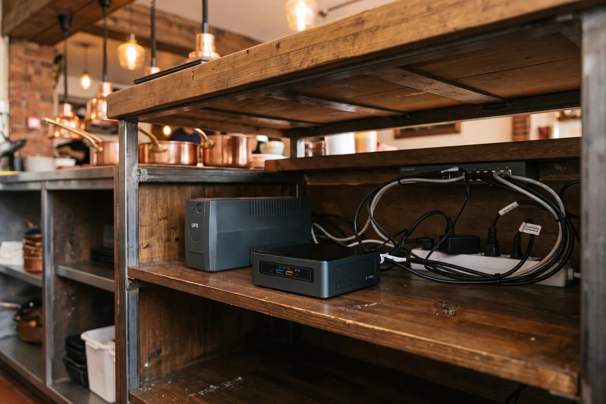 A mini-PC and a small UPS sitting on a wooden shelf beneath a shop counter, cables run tidily along the back