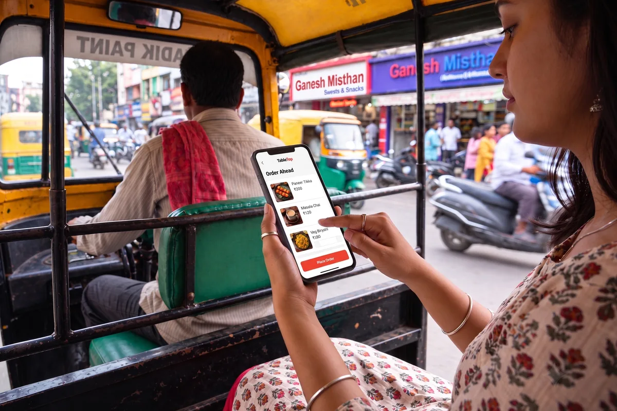 A passenger riding in an auto-rickshaw, ordering ahead from a sweet shop's menu on her phone, the shop itself across the street behind her