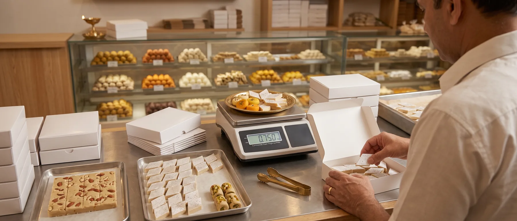 Sweets on a counter scale reading 0.750 kg, being packed by hand into a white box, filled trays and a display case behind