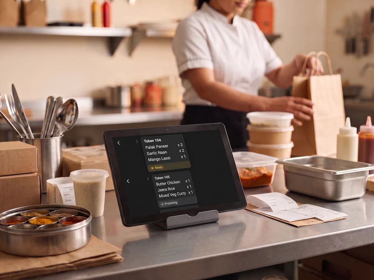 A tablet propped at a packing bench showing tokens 104 and 105 with their items and no prices, staff bagging an order behind it