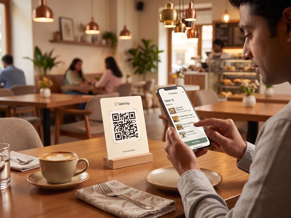 A seated café customer ordering on his phone from the QR standee on his table, coffee in front of him and the room busy behind
