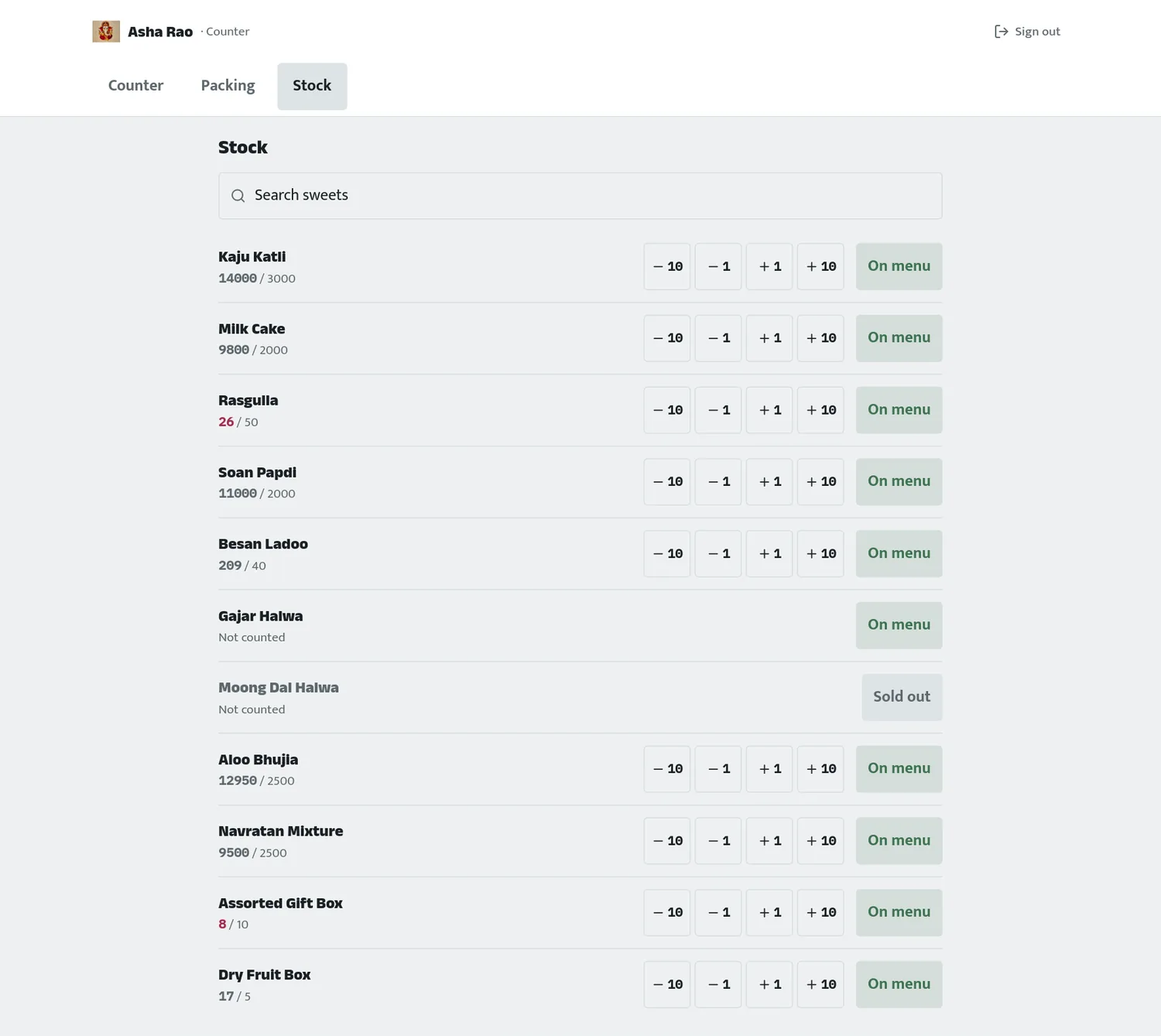 The stock screen — each sweet with its count against its threshold, plus and minus buttons, Rasgulla low at 26 of 50 and Moong Dal Halwa marked sold out